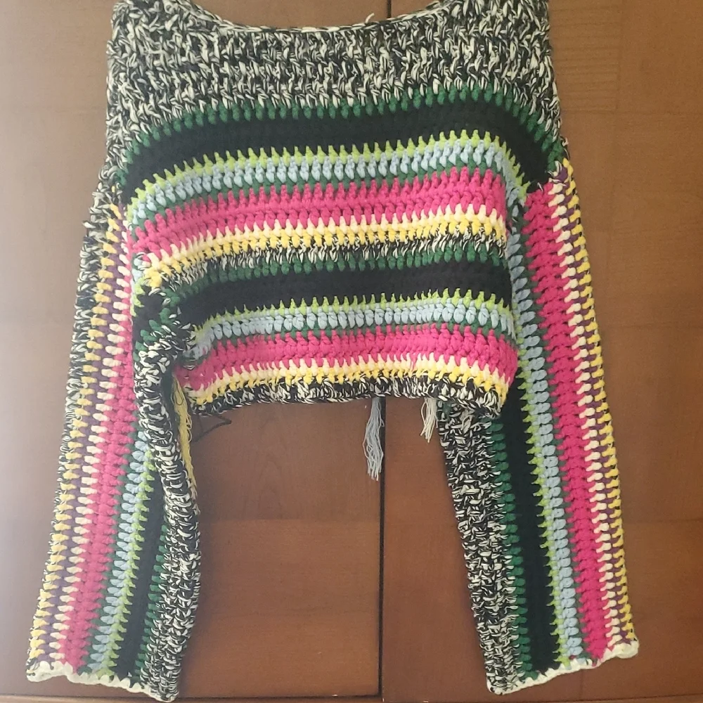 AKIRA Crocheted Multi-Stripe Scoop Neck Sweater in Pink, Yellow & Green - Picture 8 of 10